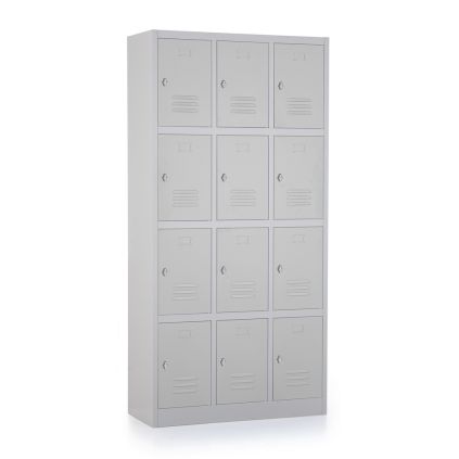 Kovová šatní skříňka - 12 boxů, 90 x 40 x 185 cm, otočný zámek, šedá - ral 7035