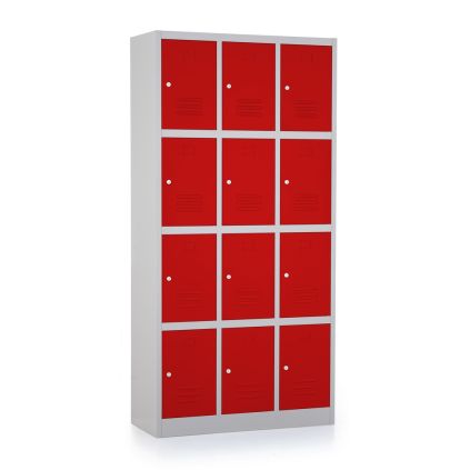 Kovová šatní skříňka - 12 boxů, 90 x 40 x 185 cm, cylindrický zámek, červená - ral 3000