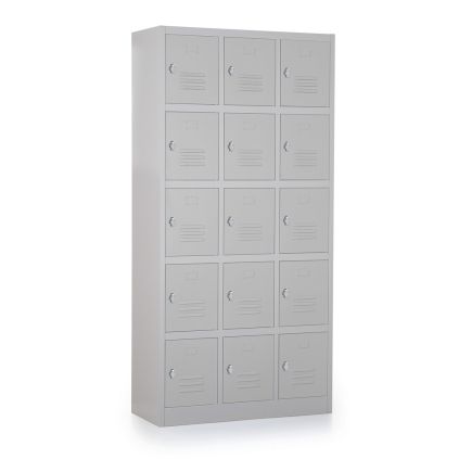 Kovová šatní skříňka - 15 boxů, 90 x 40 x 185 cm, otočný zámek, šedá - ral 7035