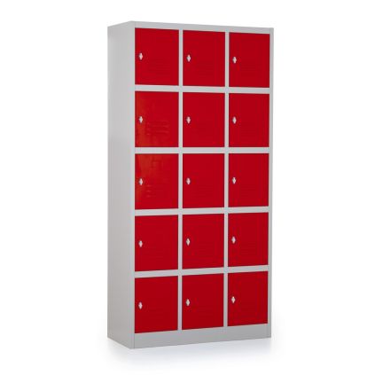 Kovová šatní skříňka - 15 boxů, 90 x 40 x 185 cm, otočný zámek, červená - ral 3000