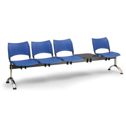 Plastová lavice VISIO, 4-sedák + stolek - chromované nohy, modrá