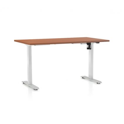 Výškově nastavitelný stůl OfficeTech A, 140 x 80 cm, bílá podnož, třešeň