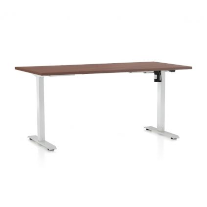 Výškově nastavitelný stůl OfficeTech A, 160 x 80 cm, bílá podnož, ořech