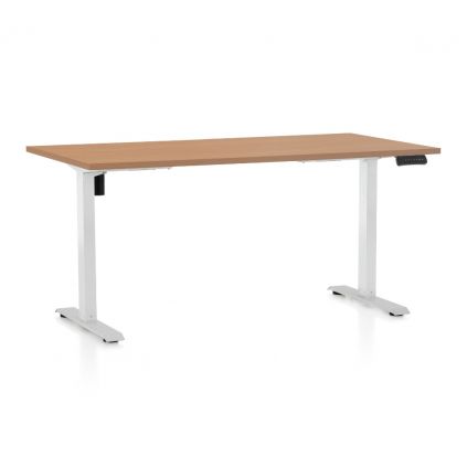 Výškově nastavitelný stůl OfficeTech B, 160 x 80 cm, bílá podnož, buk