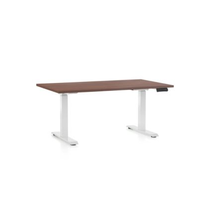Výškově nastavitelný stůl OfficeTech C, 140 x 80 cm, bílá podnož, ořech