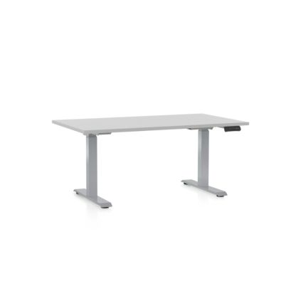 Výškově nastavitelný stůl OfficeTech D, 140 x 80 cm, šedá podnož, světle šedá