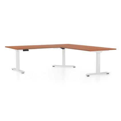 Výškově nastavitelný stůl OfficeTech Angle, 180 x 200 cm, bílá podnož, třešeň
