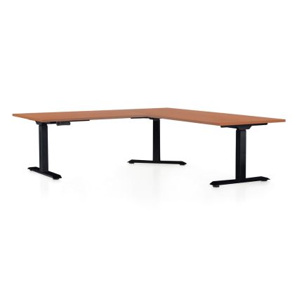 Výškově nastavitelný stůl OfficeTech Angle, 180 x 200 cm, černá podnož, třešeň