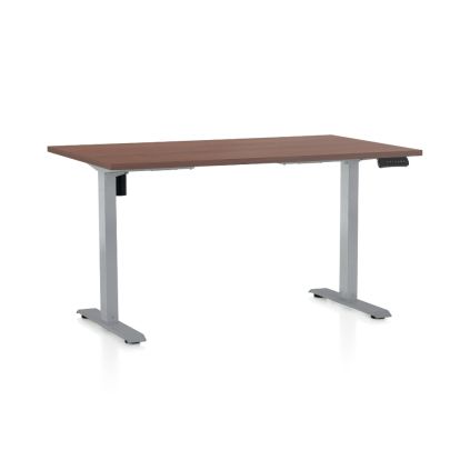 Výškově nastavitelný stůl OfficeTech B, 140 x 80 cm, šedá podnož, ořech