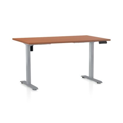 Výškově nastavitelný stůl OfficeTech B, 140 x 80 cm, šedá podnož, třešeň