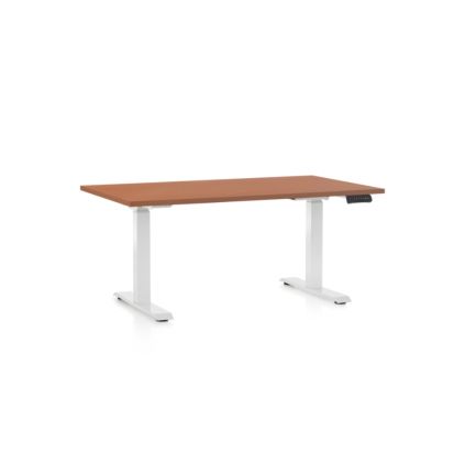 Výškově nastavitelný stůl OfficeTech D, 140 x 80 cm, bílá podnož, třešeň
