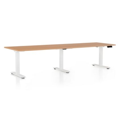 Výškově nastavitelný stůl OfficeTech Long, 260 x 80 cm, bílá podnož, buk