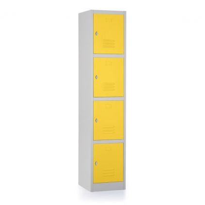 Kovová šatní skříňka - 4 boxy, 38 x 45 x 185 cm, otočný zámek, žlutá - ral 1023