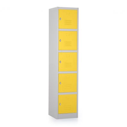 Kovová šatní skříňka - 5 boxů, 38 x 45 x 185 cm, otočný zámek, žlutá - ral 1023
