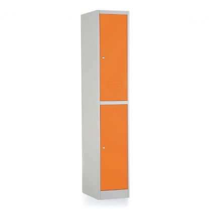 Kovová šatní skříňka - 2 boxy, 38 x 45 x 185 cm, cylindrický zámek, oranžová - ral 2004
