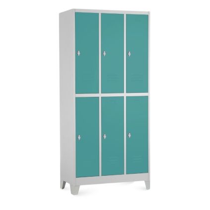 Kovová šatní skříňka - 6 boxů, 90 x 45 x 195 cm, pevné nohy, otočný zámek, zelená - ral 6033