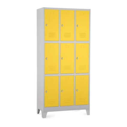 Kovová šatní skříňka - 9 boxů, 90 x 45 x 195 cm, pevné nohy, otočný zámek, žlutá - ral 1023
