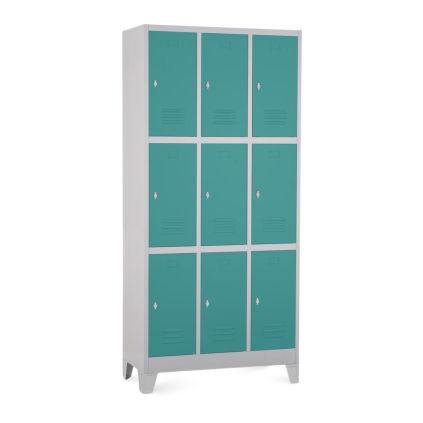 Kovová šatní skříňka - 9 boxů, 90 x 45 x 195 cm, pevné nohy, otočný zámek, zelená - ral 6033