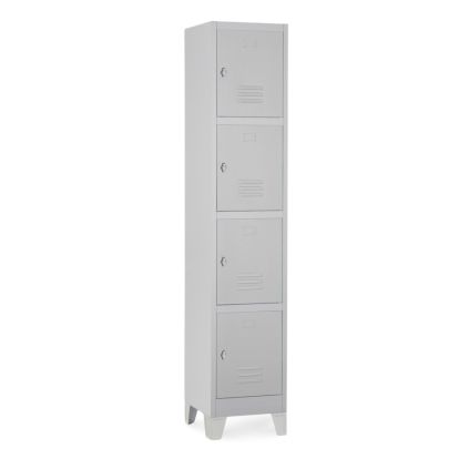 Kovová šatní skříňka - 4 boxy, 38 x 45 x 195 cm, pevné nohy, otočný zámek, světle šedá - ral 7035