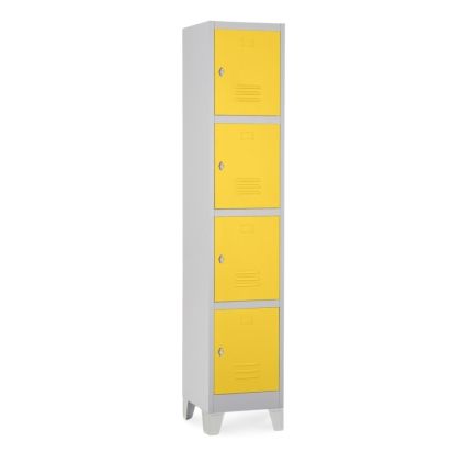Kovová šatní skříňka - 4 boxy, 38 x 45 x 195 cm, pevné nohy, otočný zámek, žlutá - ral 1023