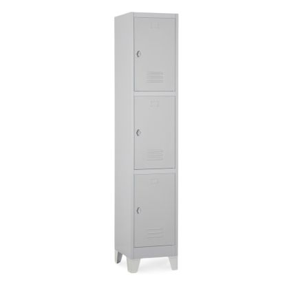 Kovová šatní skříňka - 3 boxy, 38 x 45 x 195 cm, pevné nohy, otočný zámek, světle šedá - ral 7035