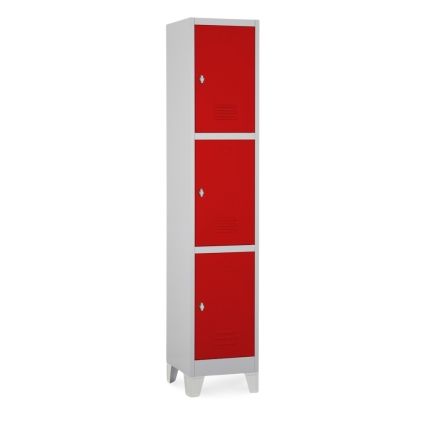 Kovová šatní skříňka - 3 boxy, 38 x 45 x 195 cm, pevné nohy, otočný zámek, červená - ral 3000
