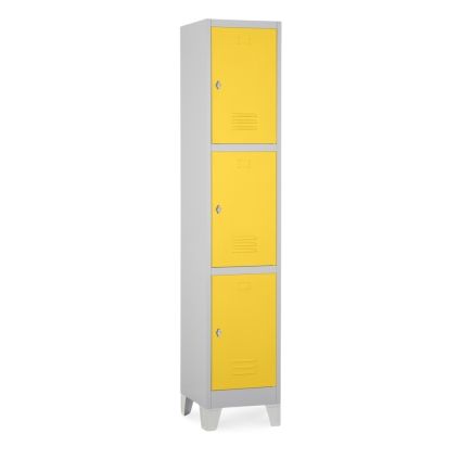Kovová šatní skříňka - 3 boxy, 38 x 45 x 195 cm, pevné nohy, otočný zámek, žlutá - ral 1023