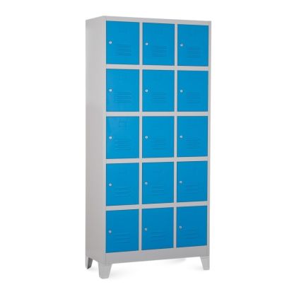 Kovová šatní skříňka - 15 boxů, 90 x 40 x 195 cm, pevné nohy, cylindrický zámek, modrá - ral 5012