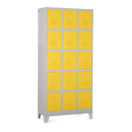 Kovová šatní skříňka - 15 boxů, 90 x 40 x 195 cm, pevné nohy, cylindrický zámek, žlutá - ral 1023