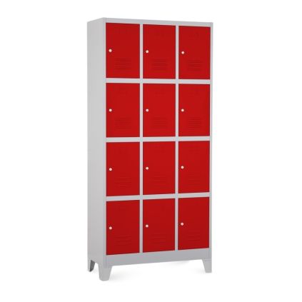 Kovová šatní skříňka - 12 boxů, 90 x 40 x 195 cm, pevné nohy, cylindrický zámek, červená - ral 3000