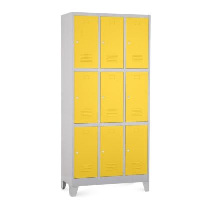 Kovová šatní skříňka - 9 boxů, 90 x 45 x 195 cm, pevné nohy, cylindrický zámek, žlutá - ral 1023
