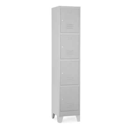 Kovová šatní skříňka - 4 boxy, 38 x 45 x 195 cm, pevné nohy, cylindrický zámek, světle šedá - ral 7035