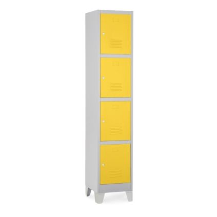 Kovová šatní skříňka - 4 boxy, 38 x 45 x 195 cm, pevné nohy, cylindrický zámek, žlutá - ral 1023