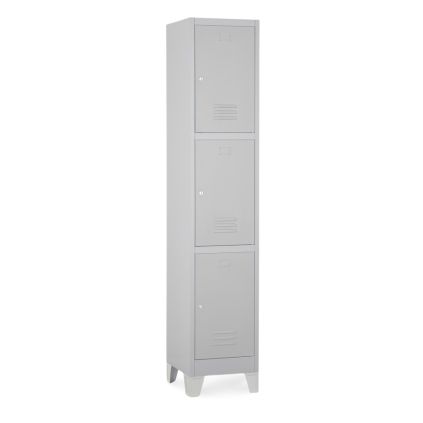 Kovová šatní skříňka - 3 boxy, 38 x 45 x 195 cm, pevné nohy, cylindrický zámek, světle šedá - ral 7035