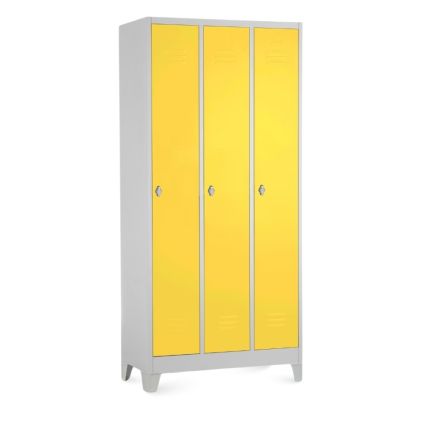 Kovová šatní skříňka - 3 oddíly, 90 x 50 x 190 cm, pevné nohy, otočný zámek, žlutá - ral 1023