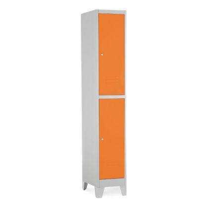 Kovová šatní skříňka - 2 boxy, 38 x 45 x 195 cm, pevné nohy, cylindrický zámek, oranžová - ral 2004