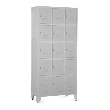 Kovová šatní skříňka - 15 boxů, 90 x 40 x 196,5 cm, nastavitelné nožky, otočný zámek, světle šedá - ral 7035