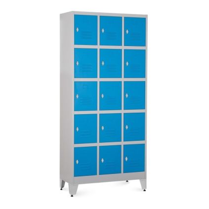 Kovová šatní skříňka - 15 boxů, 90 x 40 x 196,5 cm, nastavitelné nožky, otočný zámek, modrá - ral 5012