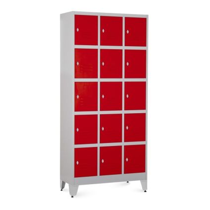 Kovová šatní skříňka - 15 boxů, 90 x 40 x 196,5 cm, nastavitelné nožky, otočný zámek, červená - ral 3000