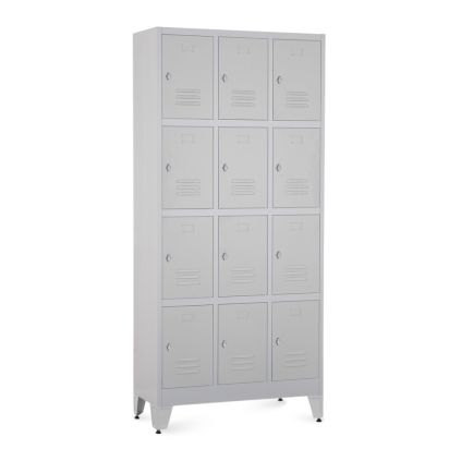 Kovová šatní skříňka - 12 boxů, 90 x 40 x 196,5 cm, nastavitelné nožky, otočný zámek, světle šedá - ral 7035