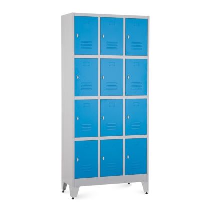 Kovová šatní skříňka - 12 boxů, 90 x 40 x 196,5 cm, nastavitelné nožky, otočný zámek, modrá - ral 5012