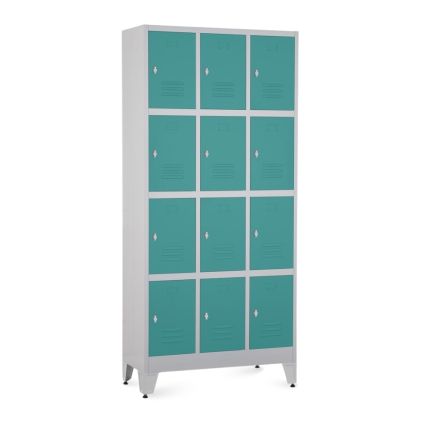 Kovová šatní skříňka - 12 boxů, 90 x 40 x 196,5 cm, nastavitelné nožky, otočný zámek, zelená - ral 6033