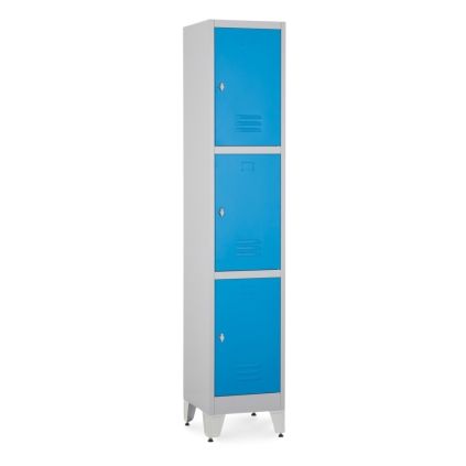 Kovová šatní skříňka - 3 boxy, 38 x 45 x 196,5 cm, nastavitelné nožky, otočný zámek, modrá - ral 5012
