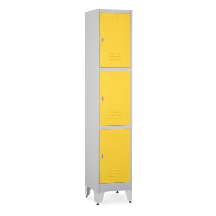 Kovová šatní skříňka - 3 boxy, 38 x 45 x 196,5 cm, nastavitelné nožky, otočný zámek, žlutá - ral 1023