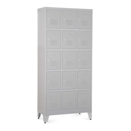 Kovová šatní skříňka - 15 boxů, 90 x 40 x 196,5 cm, nastavitelné nožky, cylindrický zámek, světle šedá - ral 7035
