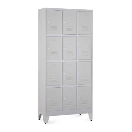 Kovová šatní skříňka - 12 boxů, 90 x 40 x 196,5 cm, nastavitelné nožky, cylindrický zámek, světle šedá - ral 7035