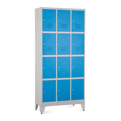 Kovová šatní skříňka - 12 boxů, 90 x 40 x 196,5 cm, nastavitelné nožky, cylindrický zámek, modrá - ral 5012