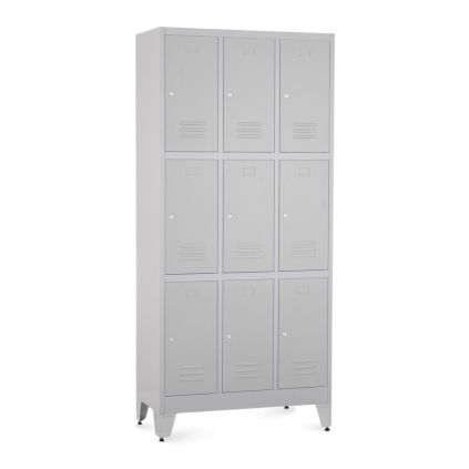 Kovová šatní skříňka - 9 boxů, 90 x 45 x 196,5 cm, nastavitelné nožky, cylindrický zámek, světle šedá - ral 7035
