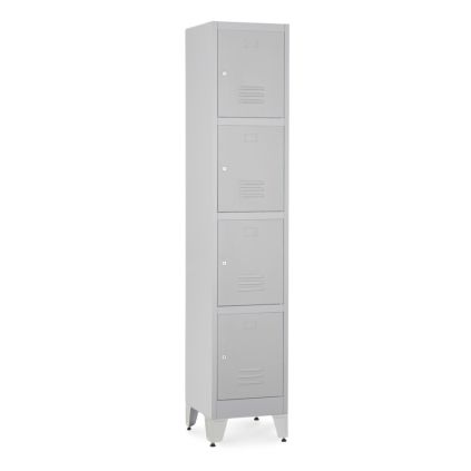 Kovová šatní skříňka - 4 boxy, 38 x 45 x 196,5 cm, nastavitelné nožky, cylindrický zámek, světle šedá - ral 7035