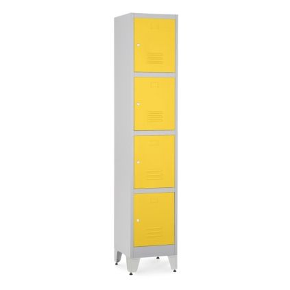 Kovová šatní skříňka - 4 boxy, 38 x 45 x 196,5 cm, nastavitelné nožky, cylindrický zámek, žlutá - ral 1023